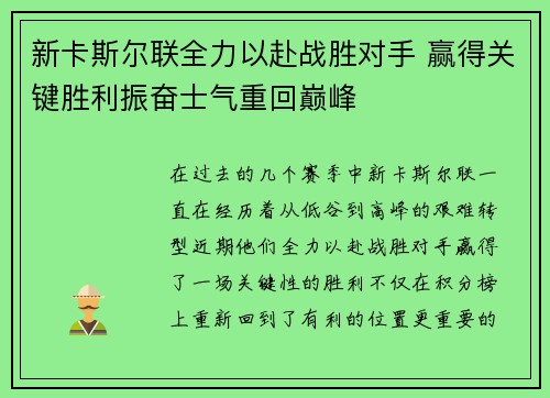 新卡斯尔联全力以赴战胜对手 赢得关键胜利振奋士气重回巅峰