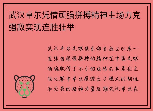 武汉卓尔凭借顽强拼搏精神主场力克强敌实现连胜壮举