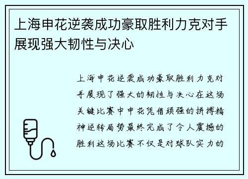 上海申花逆袭成功豪取胜利力克对手展现强大韧性与决心